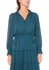 Women's Long Sleeve Tie Neck Tiered Maxi Dress