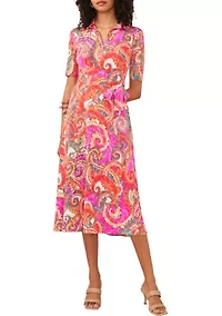 Women's Short Sleeve Paisley Print Tie Waist Fit and Flare Midi Dress