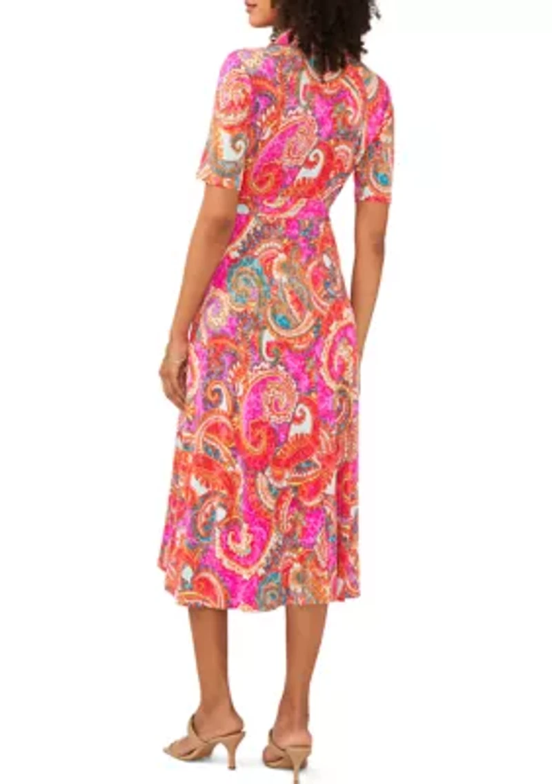Women's Short Sleeve Paisley Print Tie Waist Fit and Flare Midi Dress