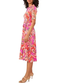 Women's Short Sleeve Paisley Print Tie Waist Fit and Flare Midi Dress