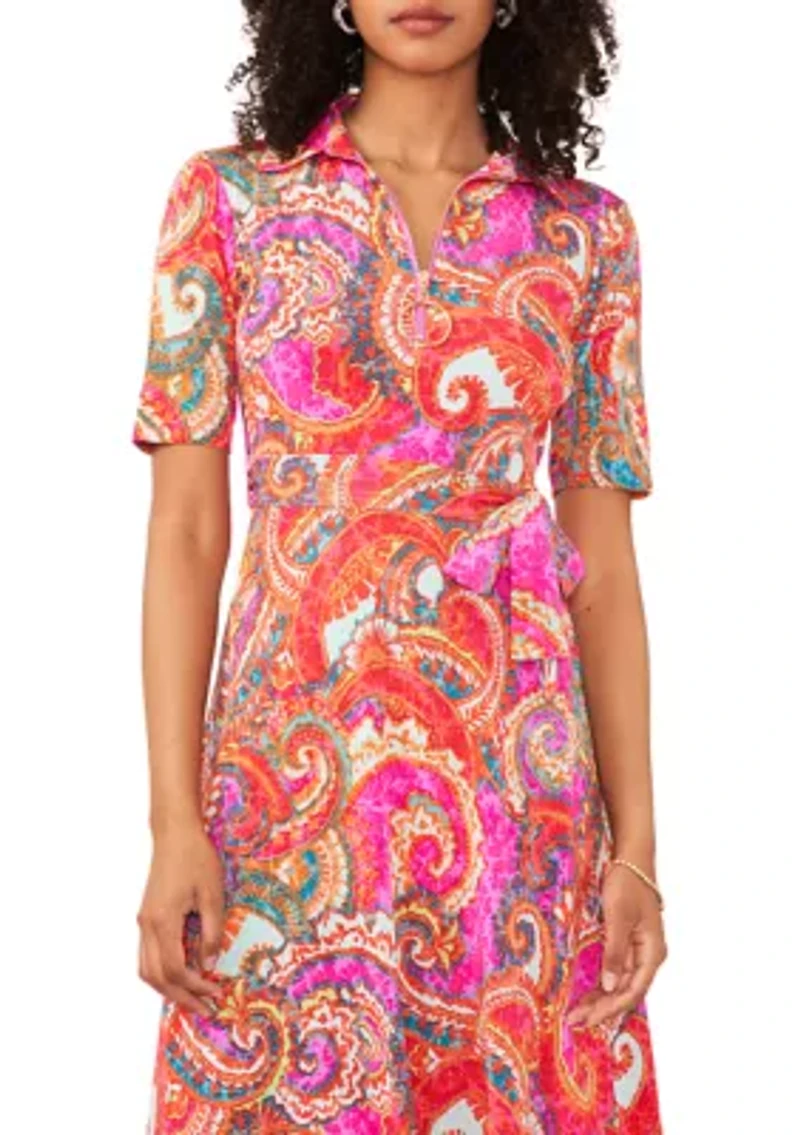Women's Short Sleeve Paisley Print Tie Waist Fit and Flare Midi Dress