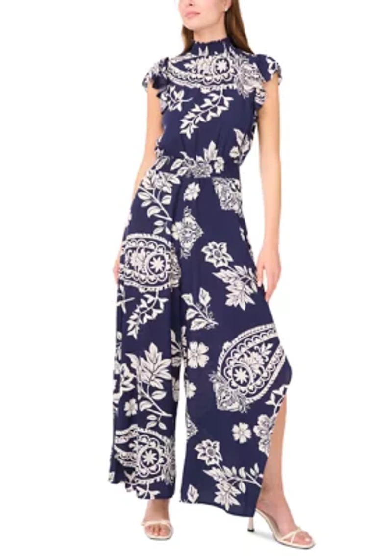 Women's Short Sleeve Mock Neck Paisley Jumpsuit