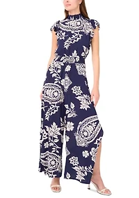Women's Short Sleeve Mock Neck Paisley Jumpsuit