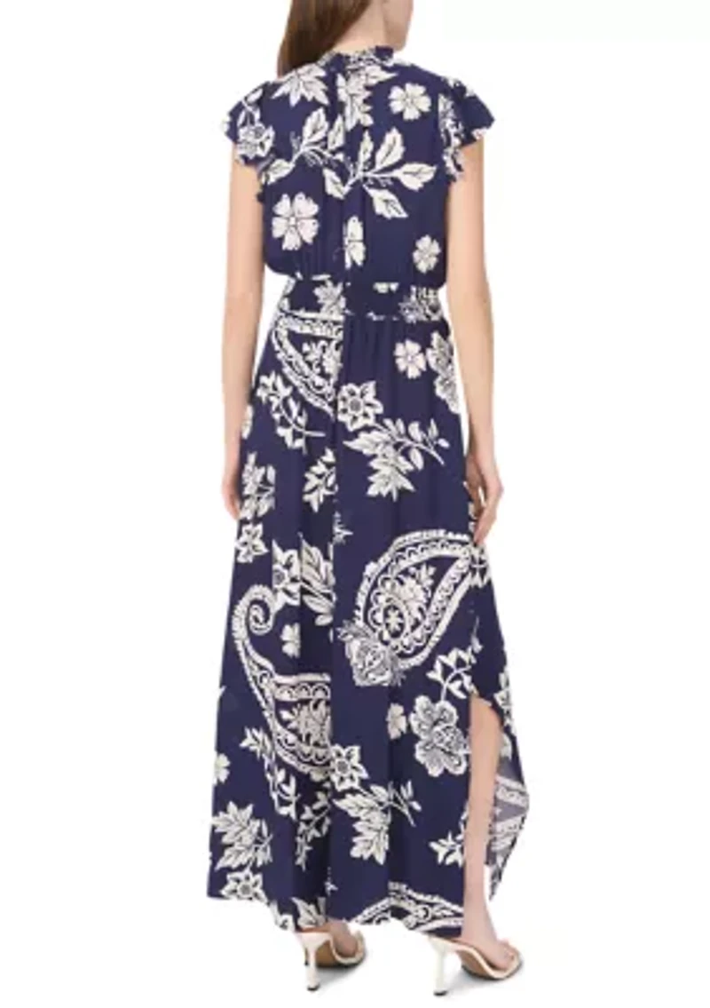 Women's Short Sleeve Mock Neck Paisley Jumpsuit