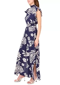 Women's Short Sleeve Mock Neck Paisley Jumpsuit