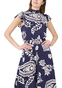 Women's Short Sleeve Mock Neck Paisley Jumpsuit