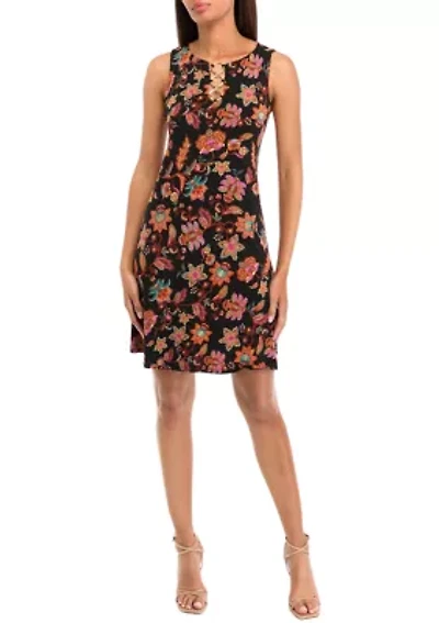 Women's Sleeveless Crew Neck 3 Ring Detail Floral Print A-Line Dress