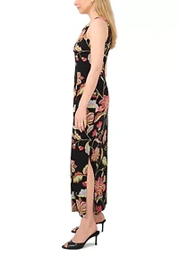 Women's 3 Ring Detail Floral Printed Sleeveless Maxi Dress