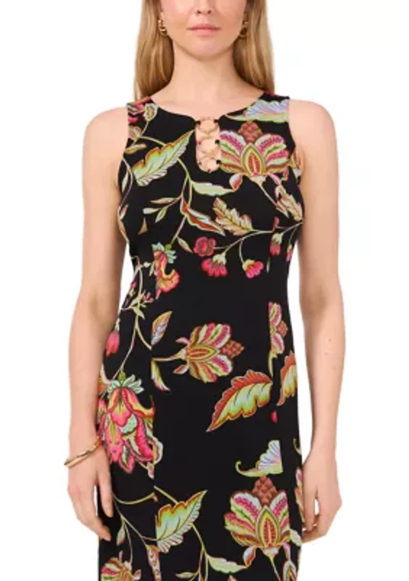 Women's 3 Ring Detail Floral Printed Sleeveless Maxi Dress