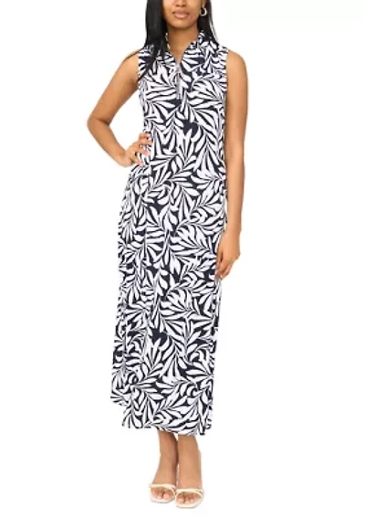 Women's 1/4 Zip Leaf Printed Maxi Dress
