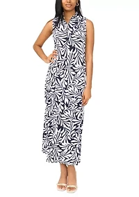 Women's 1/4 Zip Leaf Printed Maxi Dress