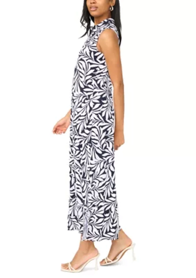 Women's 1/4 Zip Leaf Printed Maxi Dress