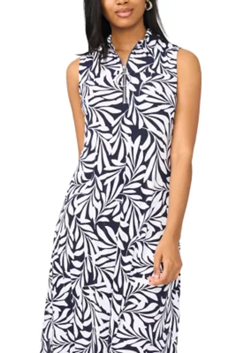 Women's 1/4 Zip Leaf Printed Maxi Dress