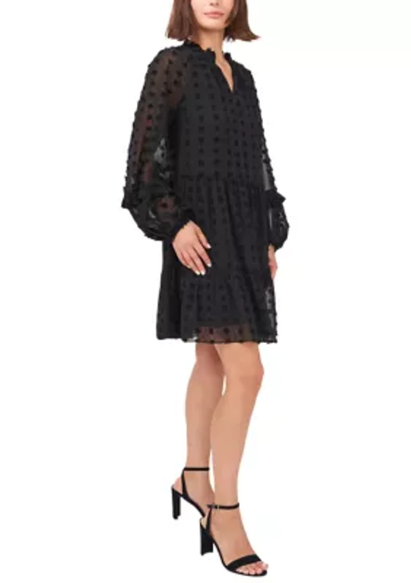 Women's Long Balloon Sleeve Clip Dot Babydoll Dress