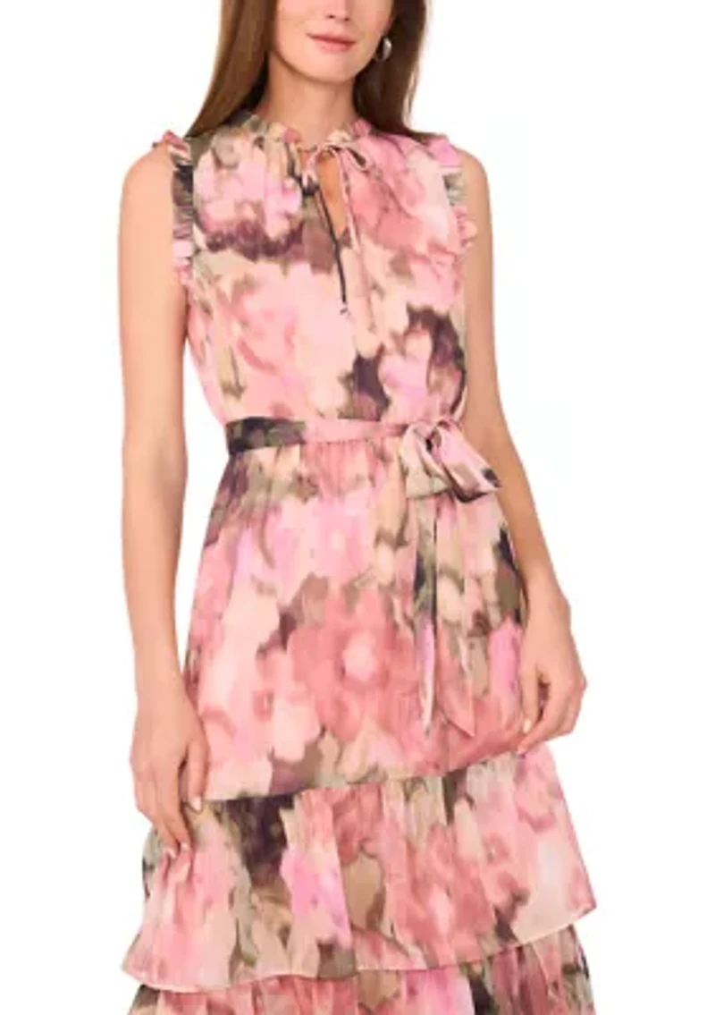 Women's Sleeveless Tie Neck Floral Print Chiffon Maxi Dress