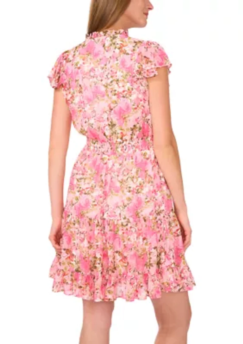 Women's Flutter Sleeve Mock Neck Floral Print Dress