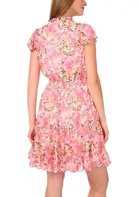Women's Flutter Sleeve Mock Neck Floral Print Dress