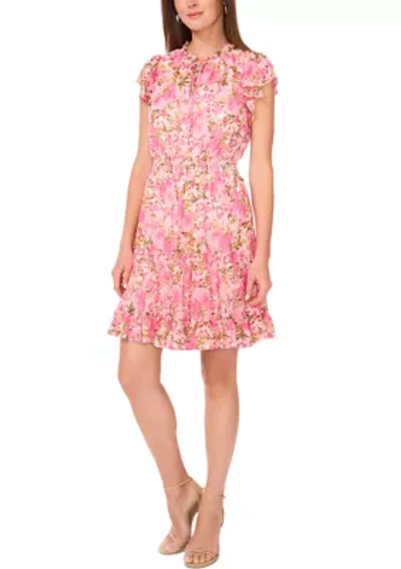 Women's Flutter Sleeve Mock Neck Floral Print Dress