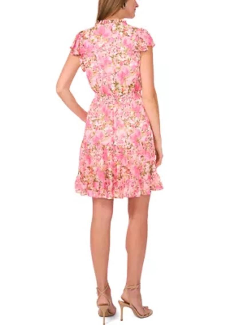 Women's Flutter Sleeve Mock Neck Floral Print Dress