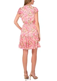 Women's Flutter Sleeve Mock Neck Floral Print Dress