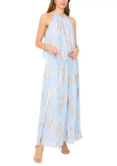 Women's Sleeveless Foil Halter Gown with Necklace