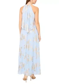 Women's Sleeveless Foil Halter Gown with Necklace