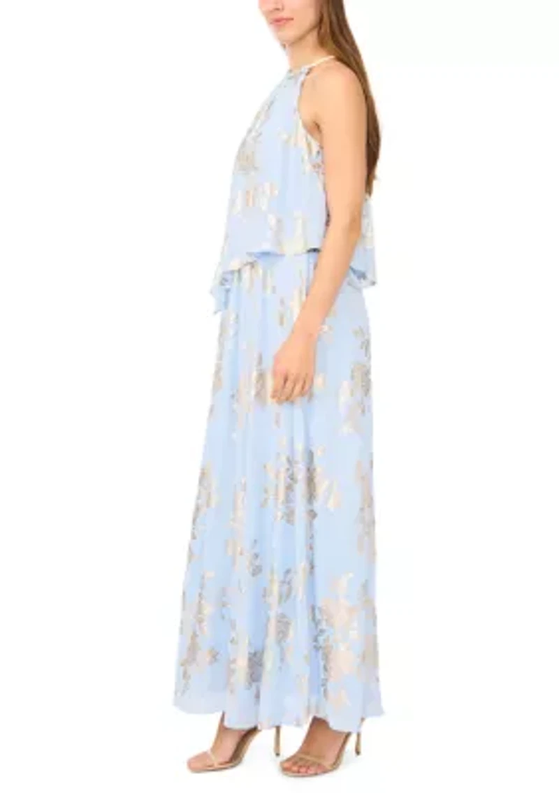 Women's Sleeveless Foil Halter Gown with Necklace