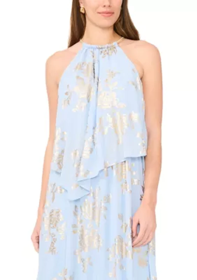 Women's Sleeveless Foil Halter Gown with Necklace