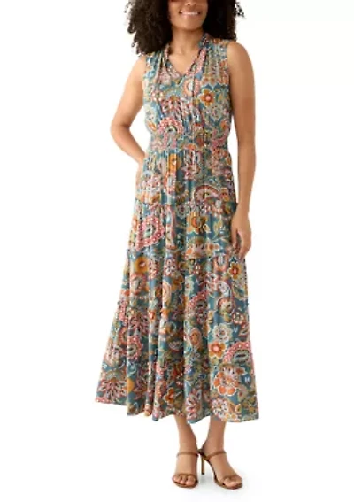 Women's Sleeveless Tie Neck Tiered Maxi Dress