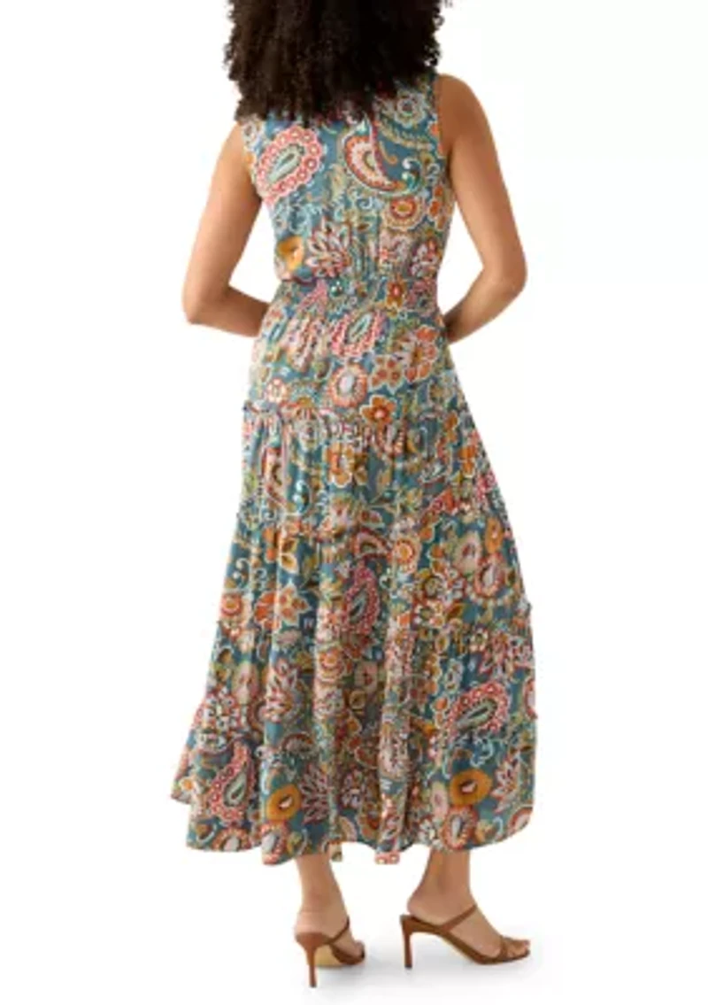 Women's Sleeveless Tie Neck Tiered Maxi Dress