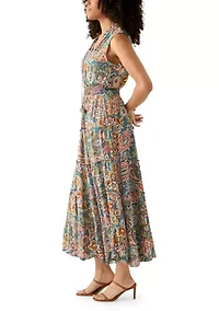 Women's Sleeveless Tie Neck Tiered Maxi Dress