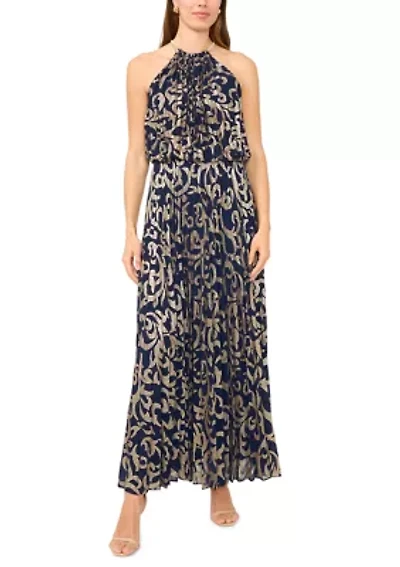 Women's Sleeveless Pleated Foil Necklace Gown