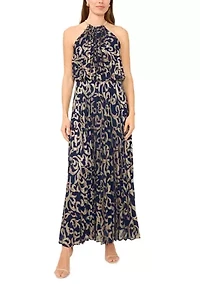 Women's Sleeveless Pleated Foil Necklace Gown