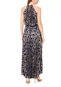 Women's Sleeveless Pleated Foil Necklace Gown