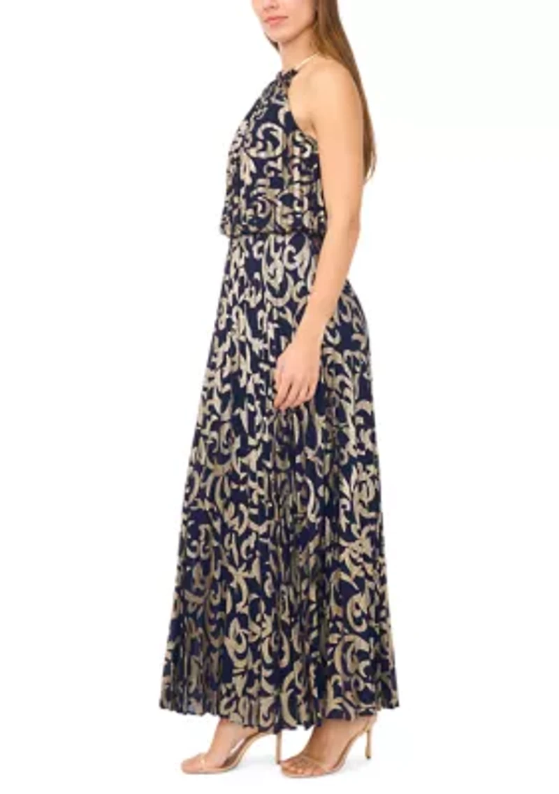 Women's Sleeveless Pleated Foil Necklace Gown