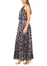 Women's Sleeveless Pleated Foil Necklace Gown