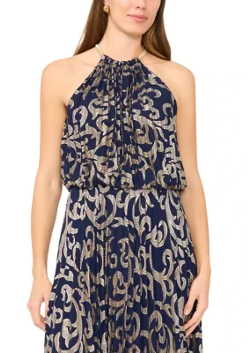 Women's Sleeveless Pleated Foil Necklace Gown