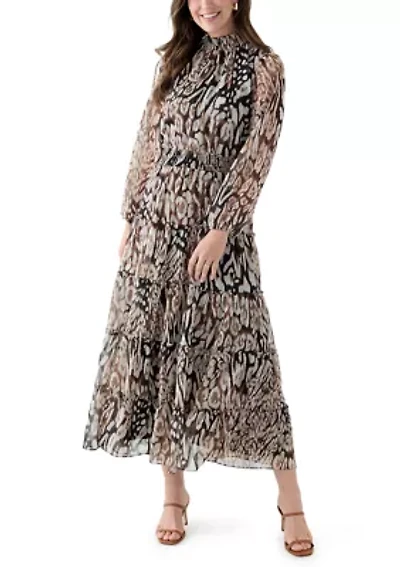 Women's Long Sleeve Mock Neck Animal Print Chiffon Maxi Dress