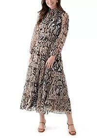 Women's Long Sleeve Mock Neck Animal Print Chiffon Maxi Dress