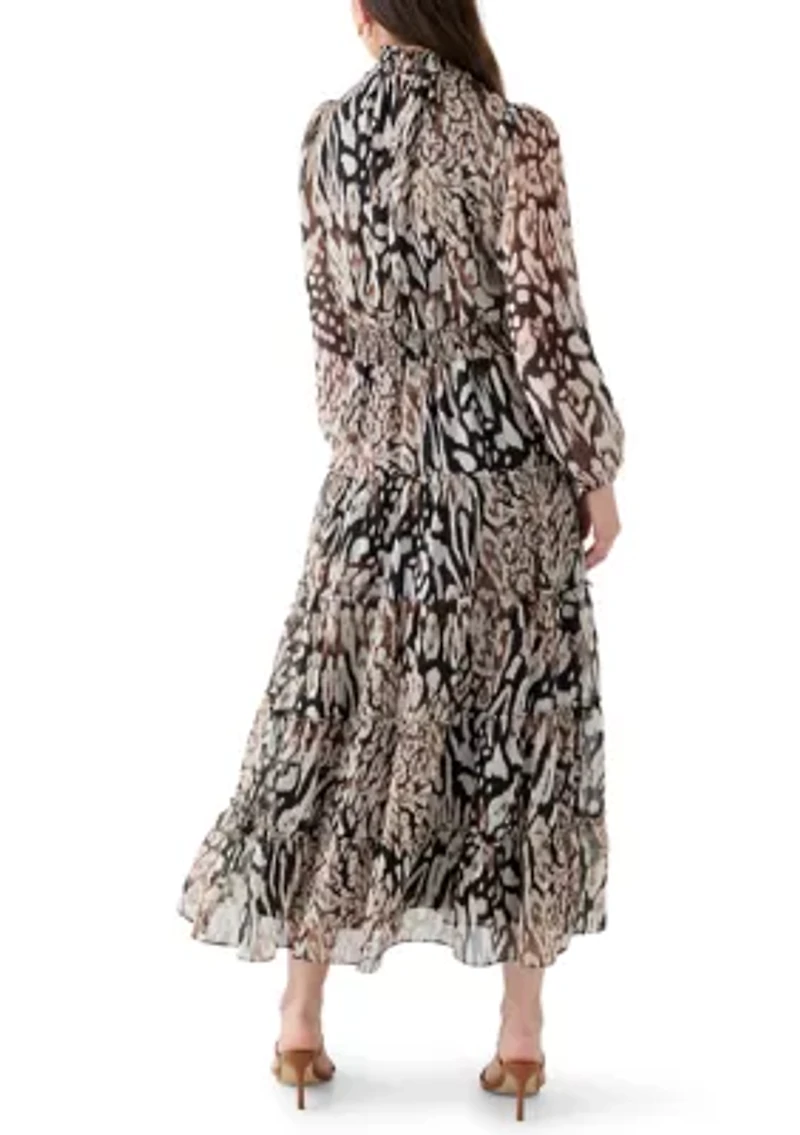 Women's Long Sleeve Mock Neck Animal Print Chiffon Maxi Dress