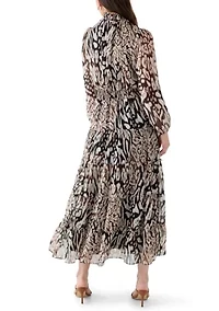 Women's Long Sleeve Mock Neck Animal Print Chiffon Maxi Dress