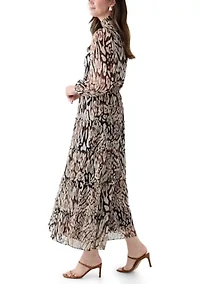 Women's Long Sleeve Mock Neck Animal Print Chiffon Maxi Dress