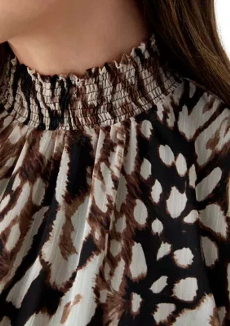 Women's Long Sleeve Mock Neck Animal Print Chiffon Maxi Dress