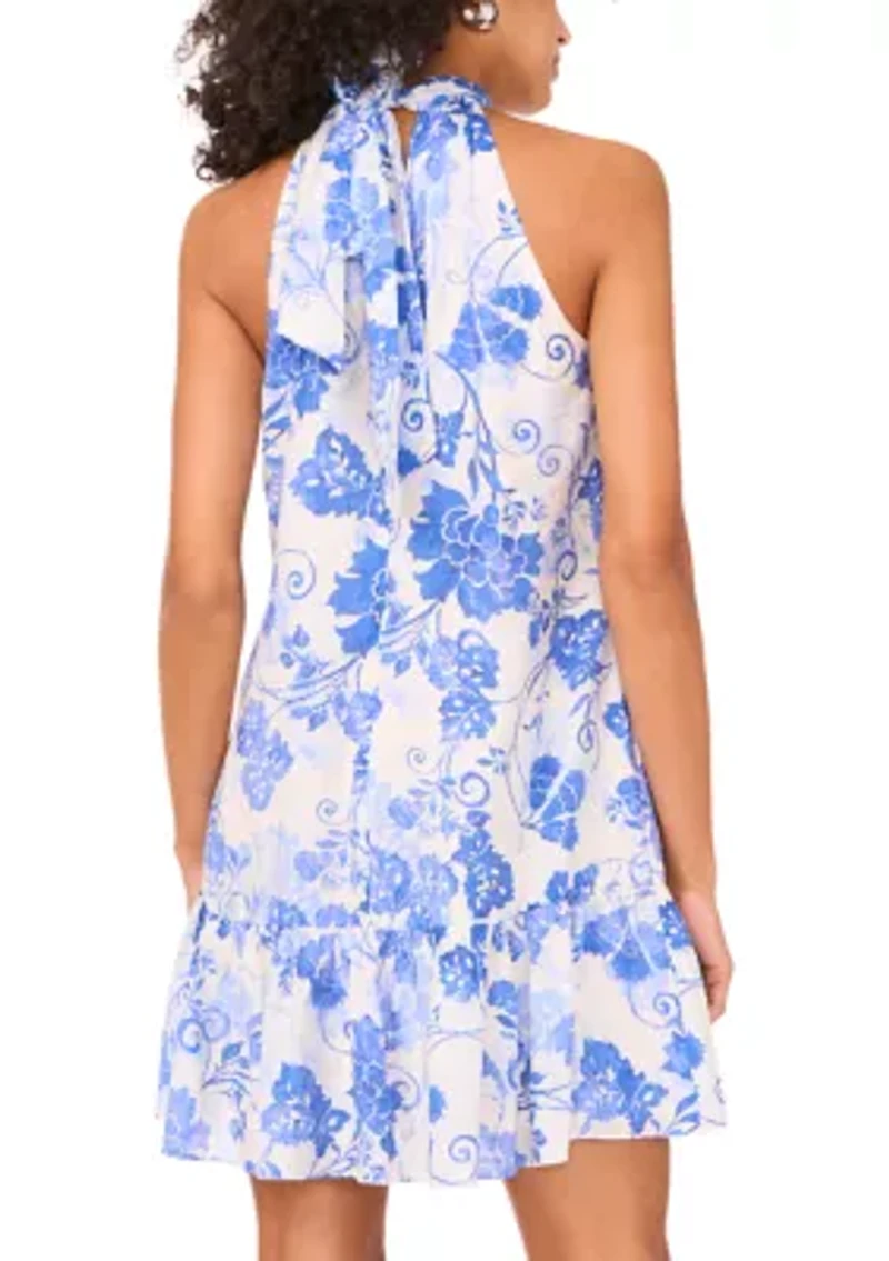 Women's Sleeveless Halter Neck Floral Print A-Line Dress