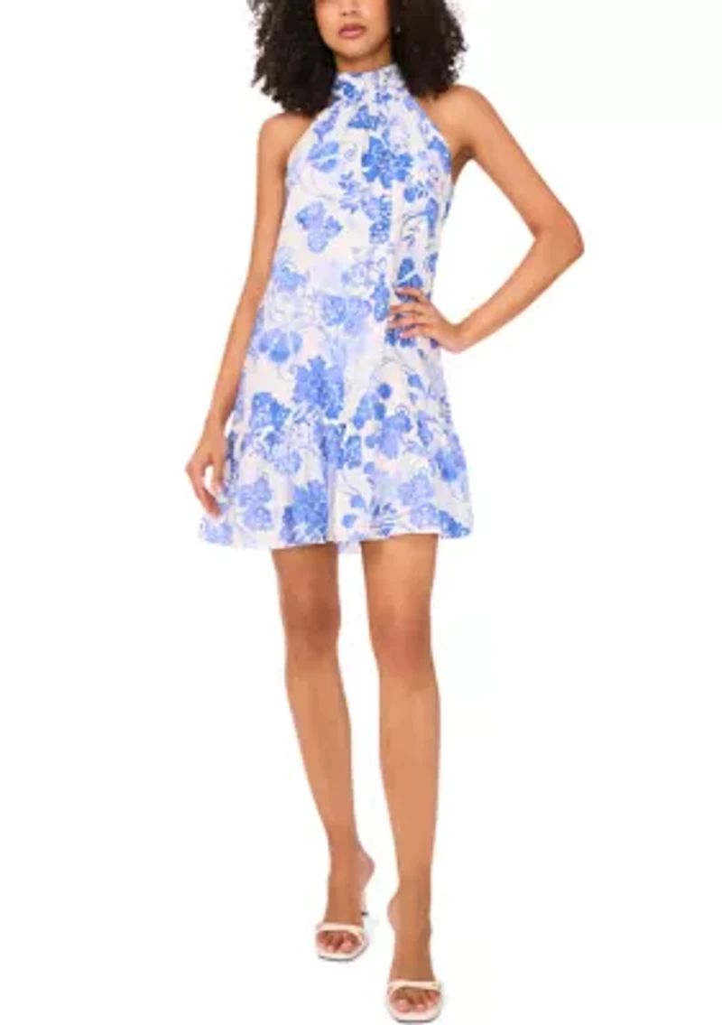 Women's Sleeveless Halter Neck Floral Print A-Line Dress