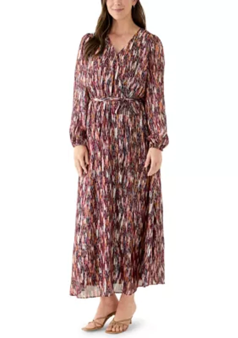 Women's Long Sleeve V-Neck Chiffon Print A-Line Dress