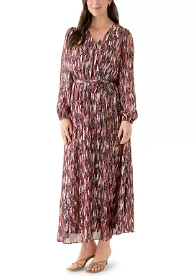 Women's Long Sleeve V-Neck Chiffon Print A-Line Dress