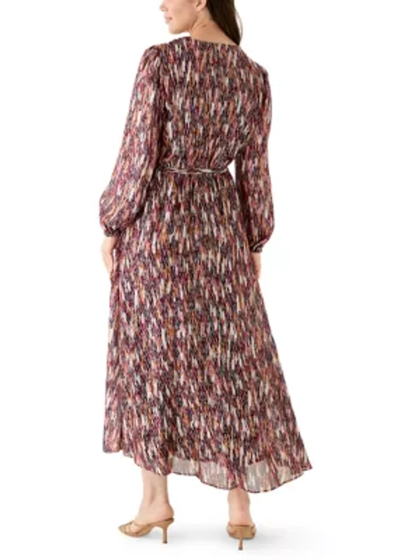 Women's Long Sleeve V-Neck Chiffon Print A-Line Dress