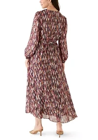 Women's Long Sleeve V-Neck Chiffon Print A-Line Dress