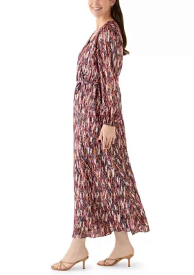 Women's Long Sleeve V-Neck Chiffon Print A-Line Dress